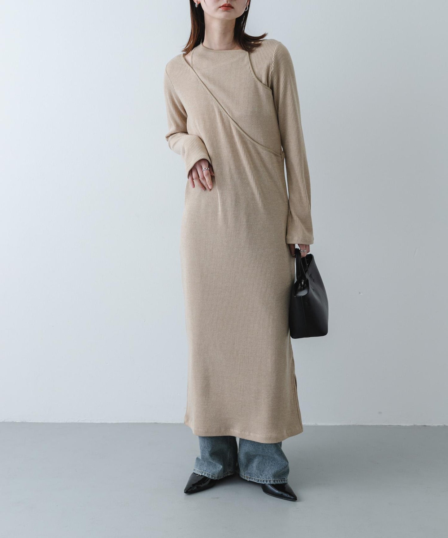 疊穿設計羅紋連衣裙