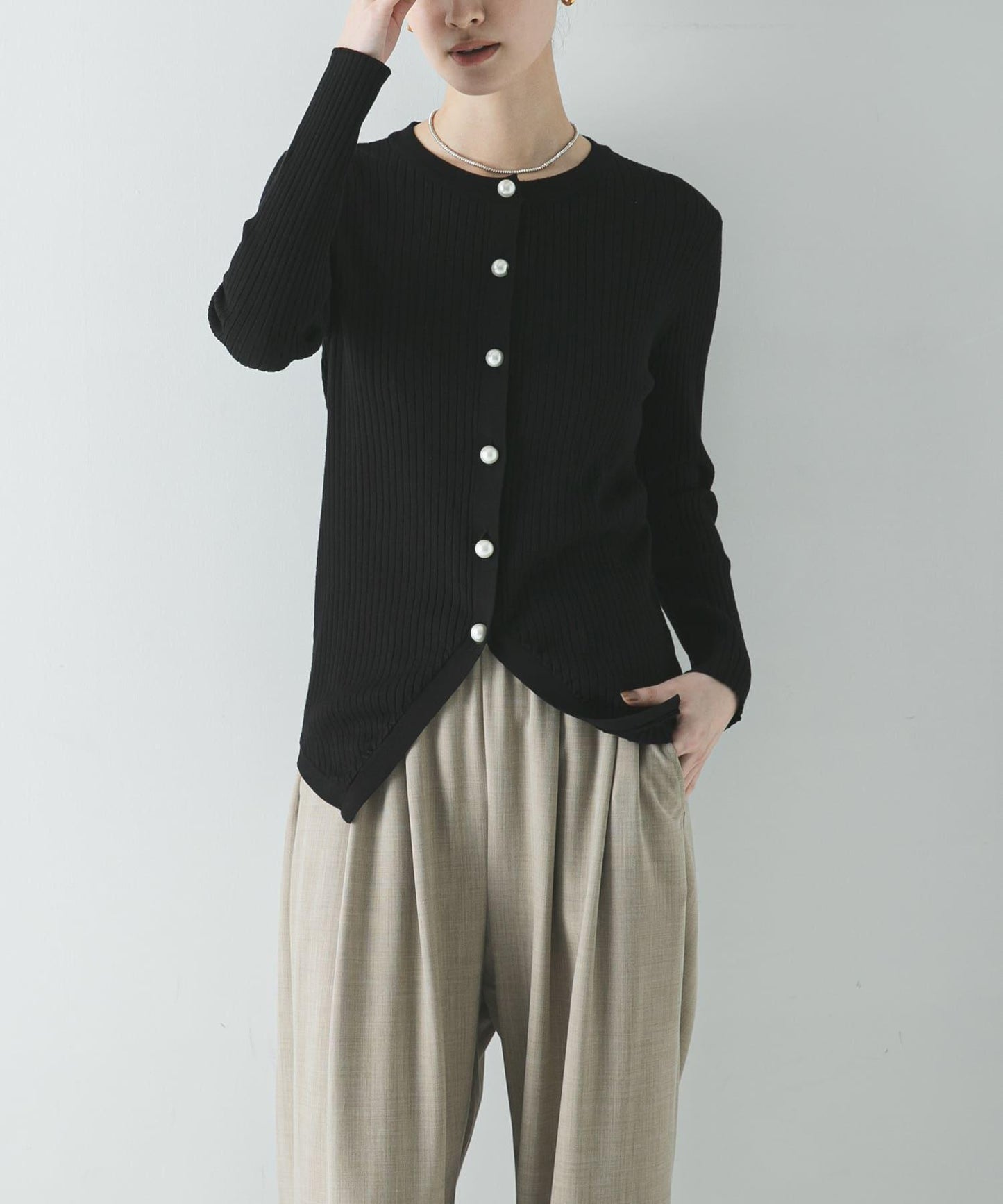 珍珠紐扣 寬版羅紋 針織開衫