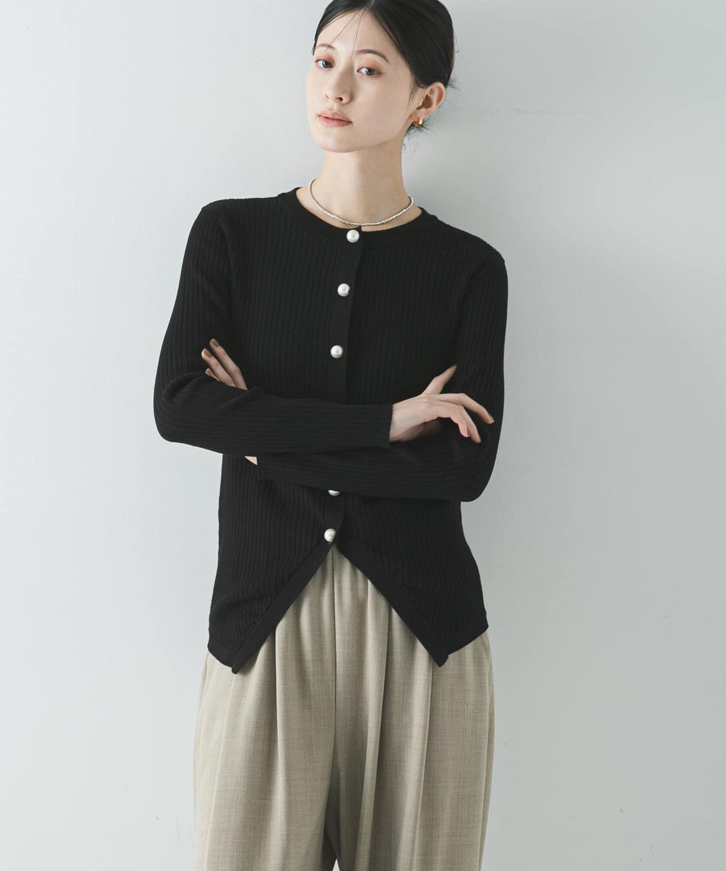 珍珠紐扣 寬版羅紋 針織開衫
