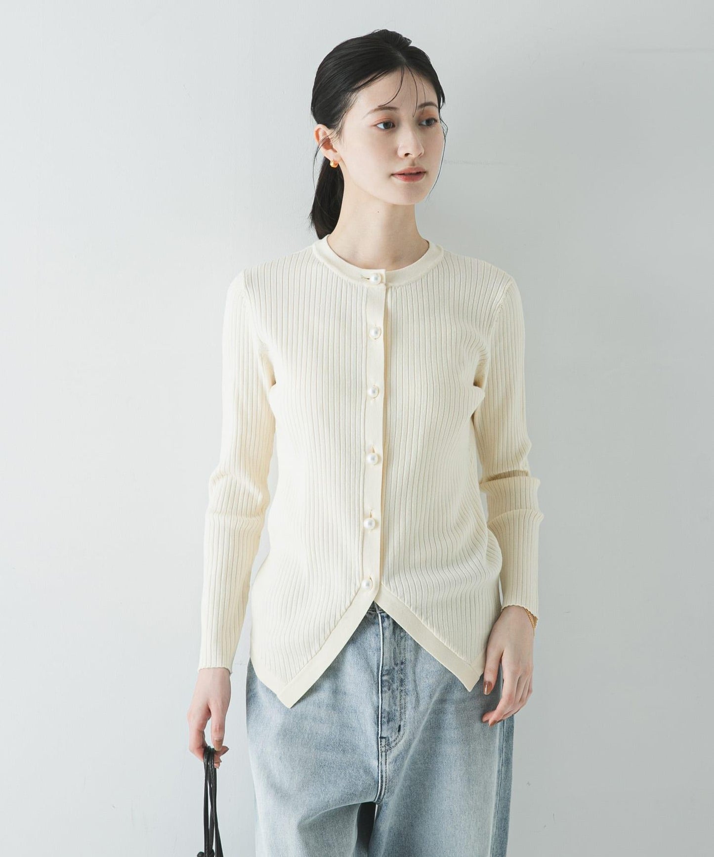 珍珠紐扣 寬版羅紋 針織開衫
