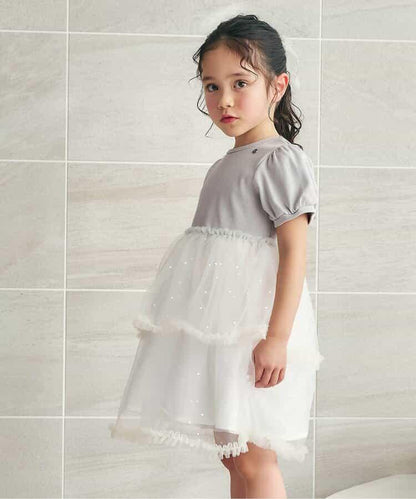 荷葉邊網紗拼接連衣裙