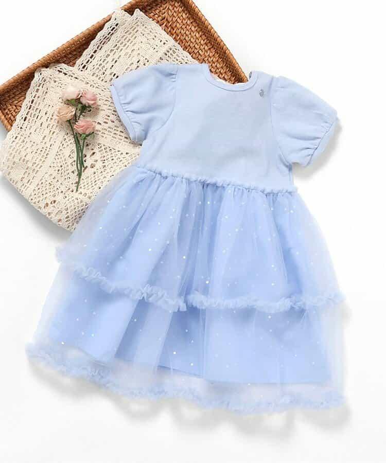 荷葉邊網紗拼接連衣裙