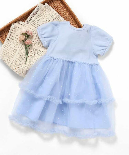 荷葉邊網紗拼接連衣裙