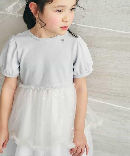 荷葉邊網紗拼接連衣裙