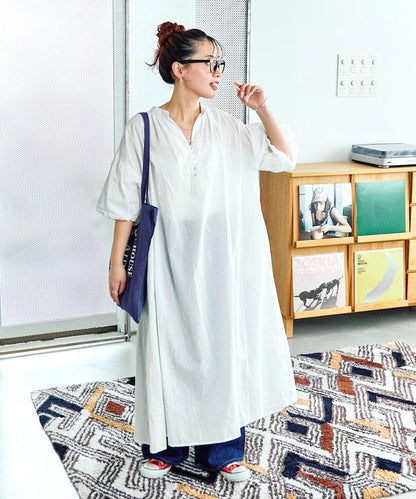 印度紐扣開襟短袖連衣裙