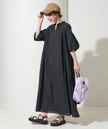 印度紐扣開襟短袖連衣裙