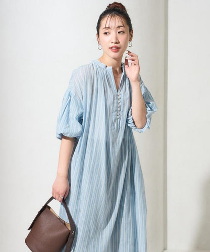 印度紐扣開襟短袖連衣裙