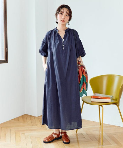 印度紐扣開襟短袖連衣裙