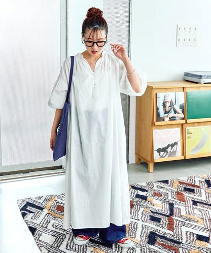 印度紐扣開襟短袖連衣裙