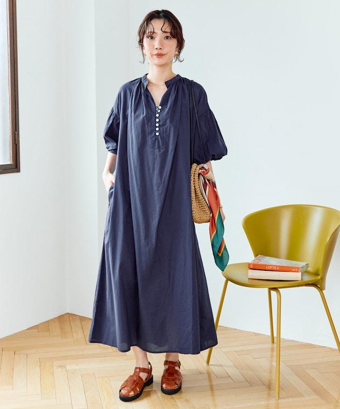 印度紐扣開襟短袖連衣裙