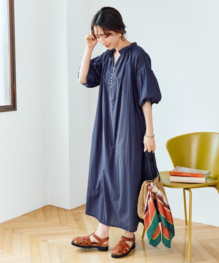 印度紐扣開襟短袖連衣裙