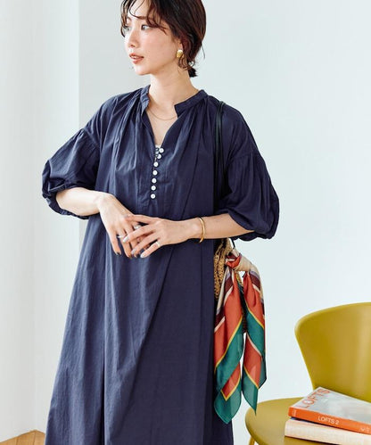 印度紐扣開襟短袖連衣裙