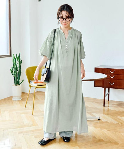 印度紐扣開襟短袖連衣裙