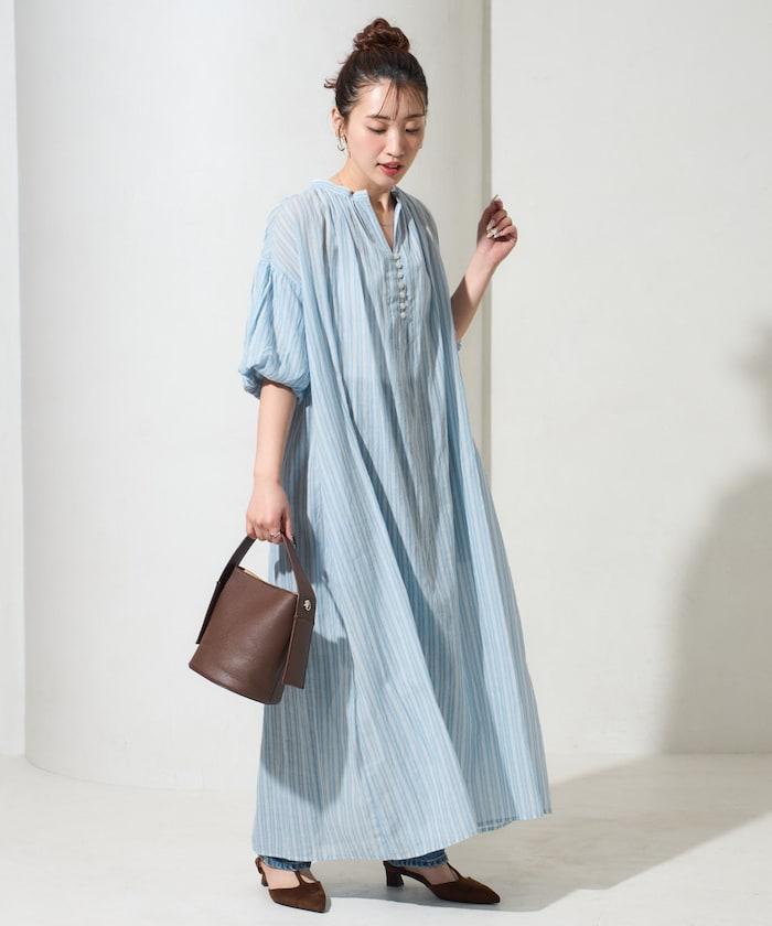 印度紐扣開襟短袖連衣裙