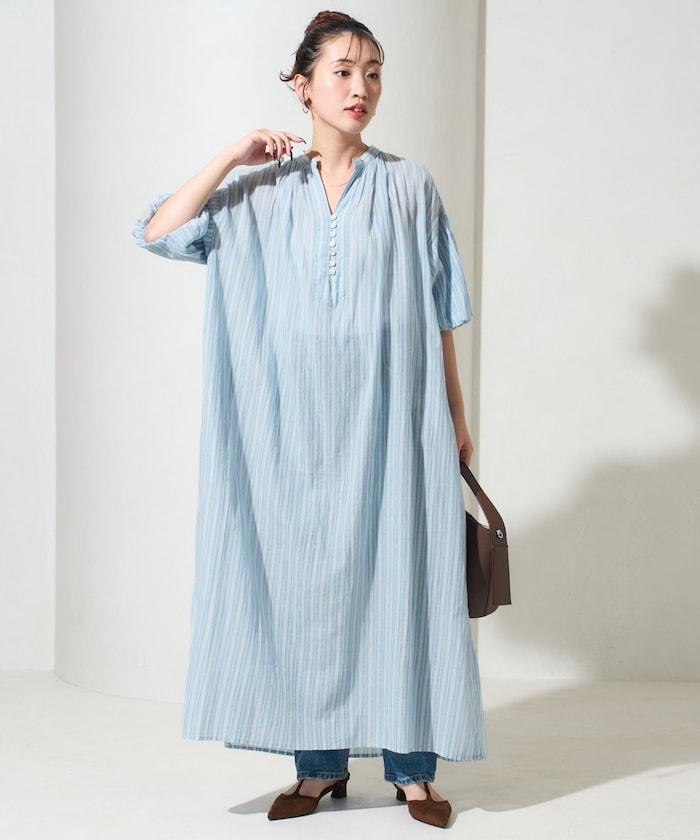 印度紐扣開襟短袖連衣裙