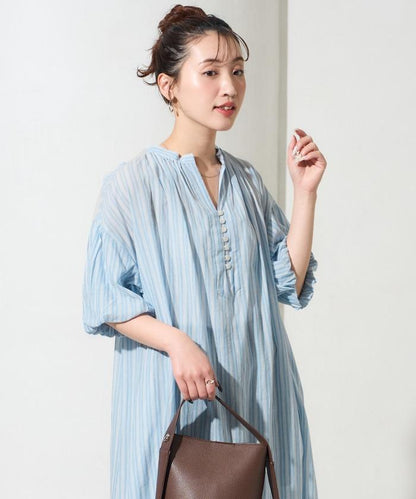 印度紐扣開襟短袖連衣裙