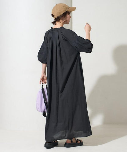 印度紐扣開襟短袖連衣裙