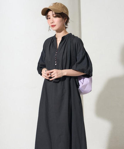 印度紐扣開襟短袖連衣裙