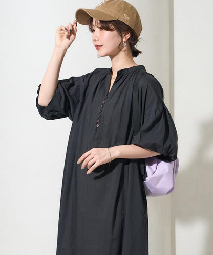 印度紐扣開襟短袖連衣裙