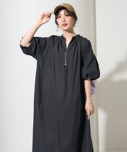 印度紐扣開襟短袖連衣裙