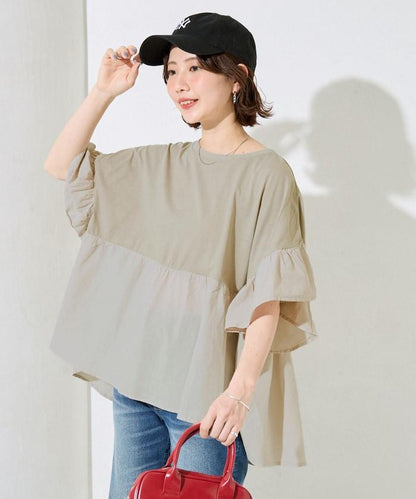 水洗做舊拼接荷葉邊上衣