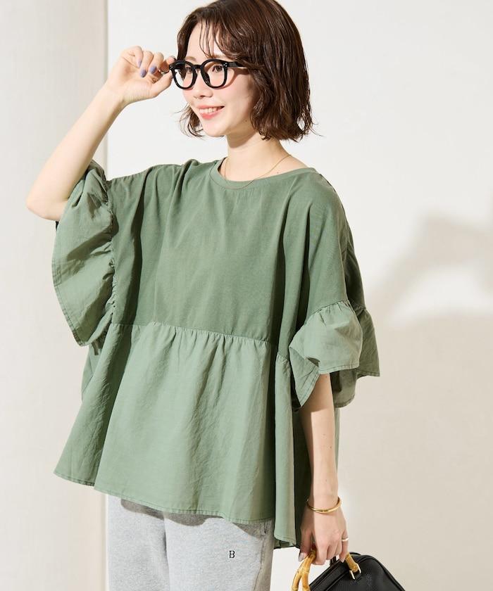 水洗做舊拼接荷葉邊上衣