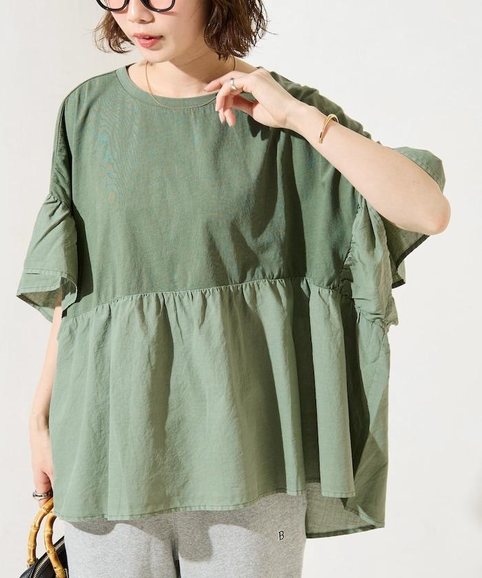 水洗做舊拼接荷葉邊上衣