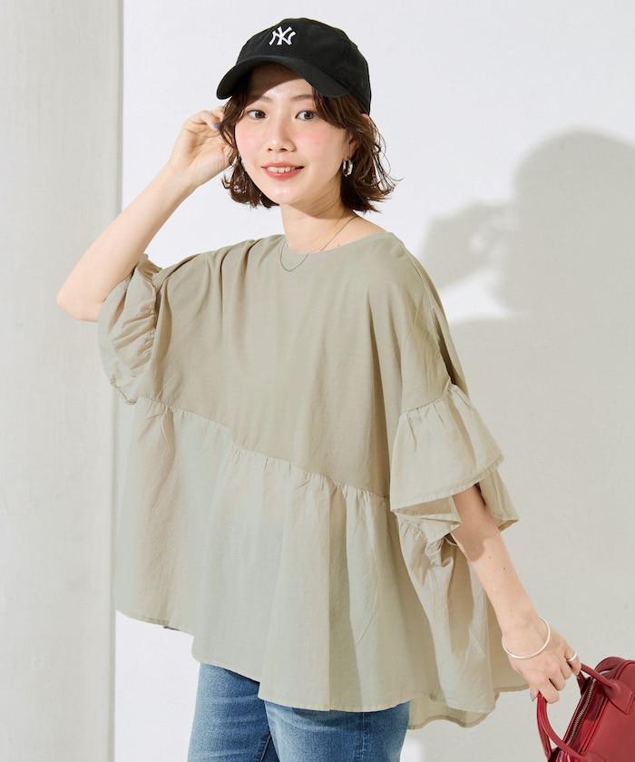 水洗做舊拼接荷葉邊上衣