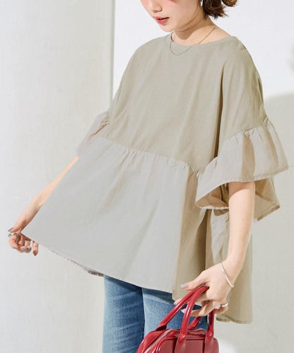 水洗做舊拼接荷葉邊上衣