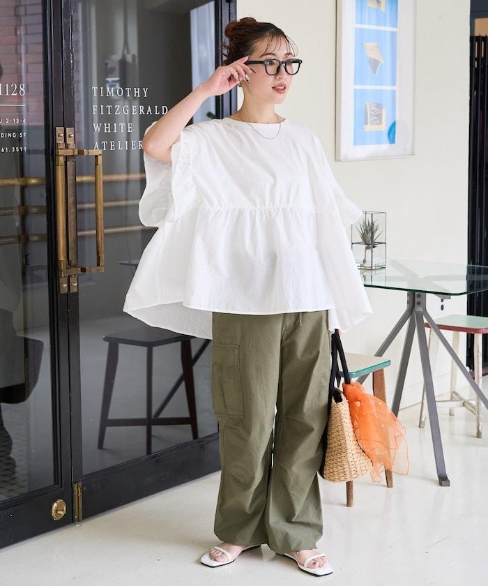 水洗做舊拼接荷葉邊上衣