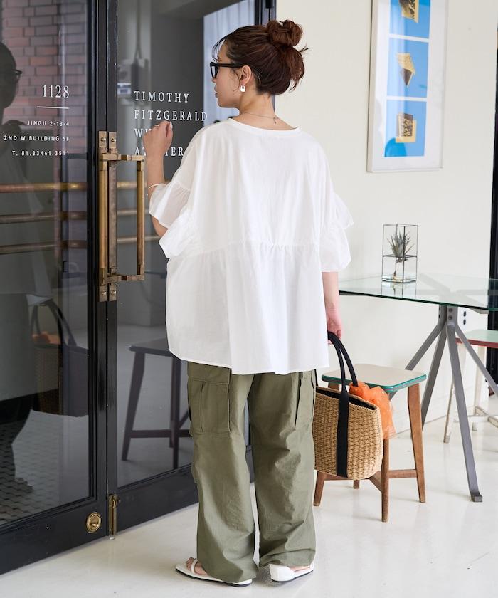 水洗做舊拼接荷葉邊上衣