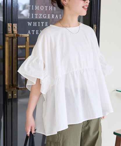 水洗做舊拼接荷葉邊上衣