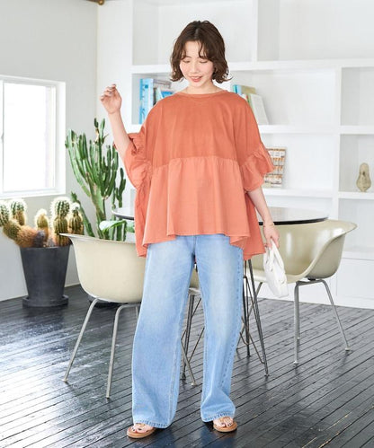 水洗做舊拼接荷葉邊上衣