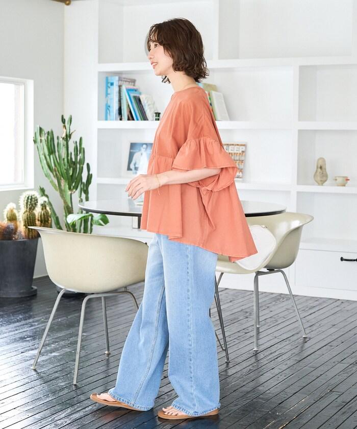 水洗做舊拼接荷葉邊上衣