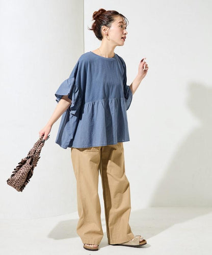 水洗做舊拼接荷葉邊上衣