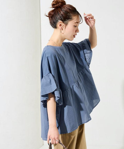 水洗做舊拼接荷葉邊上衣