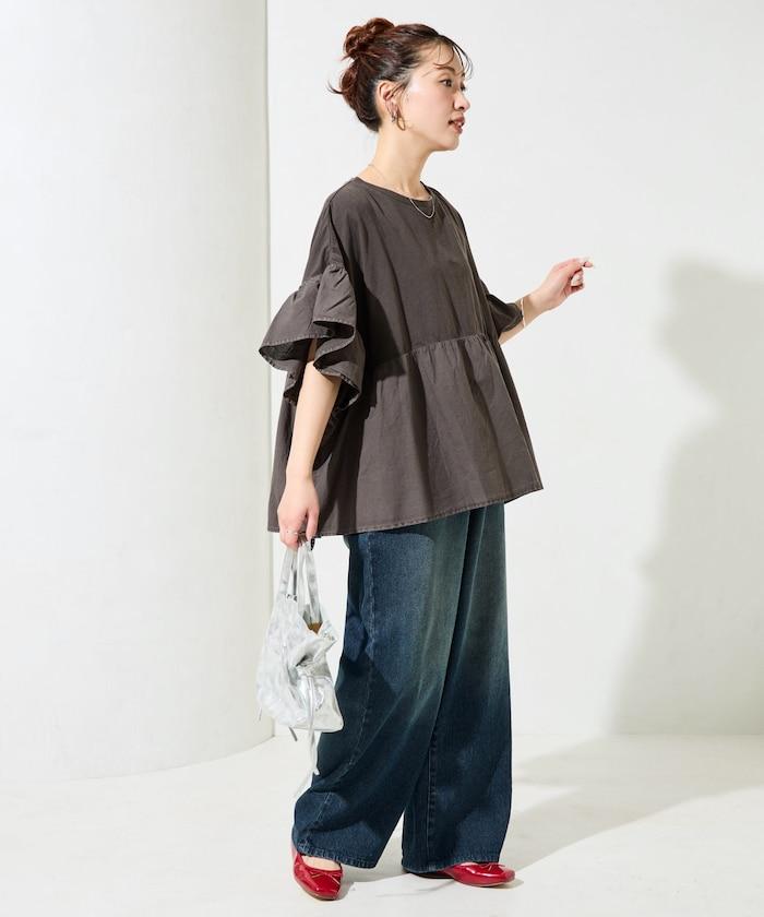 水洗做舊拼接荷葉邊上衣