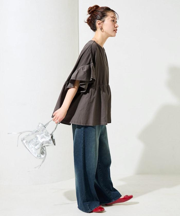 水洗做舊拼接荷葉邊上衣