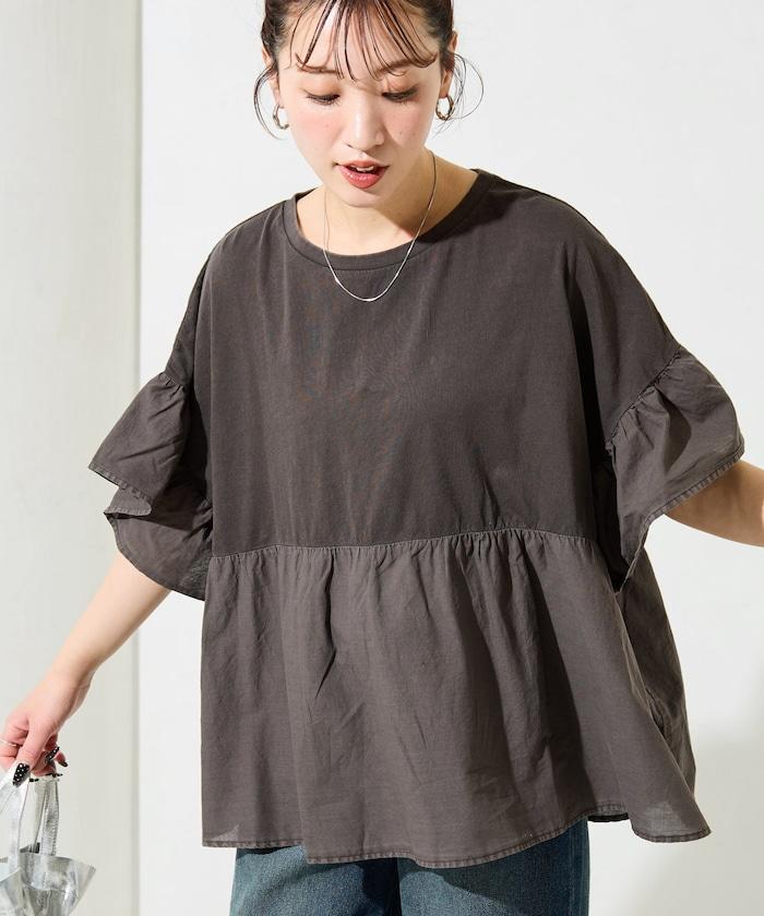 水洗做舊拼接荷葉邊上衣