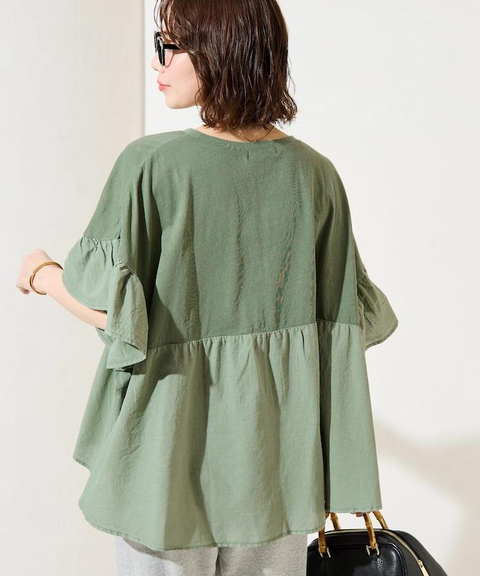 水洗做舊拼接荷葉邊上衣