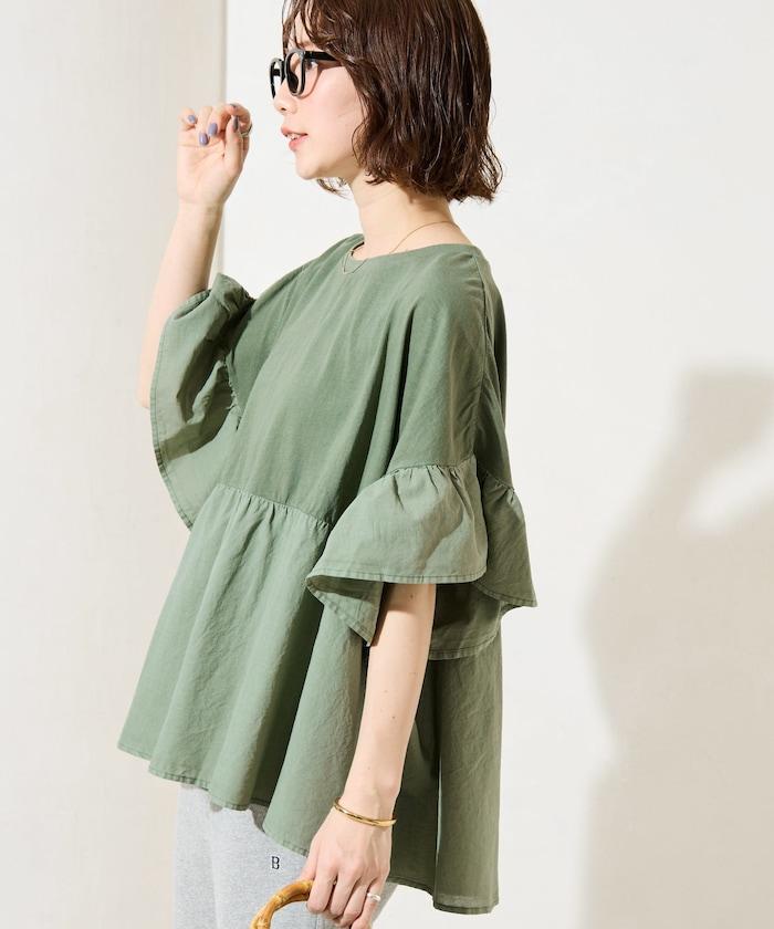 水洗做舊拼接荷葉邊上衣