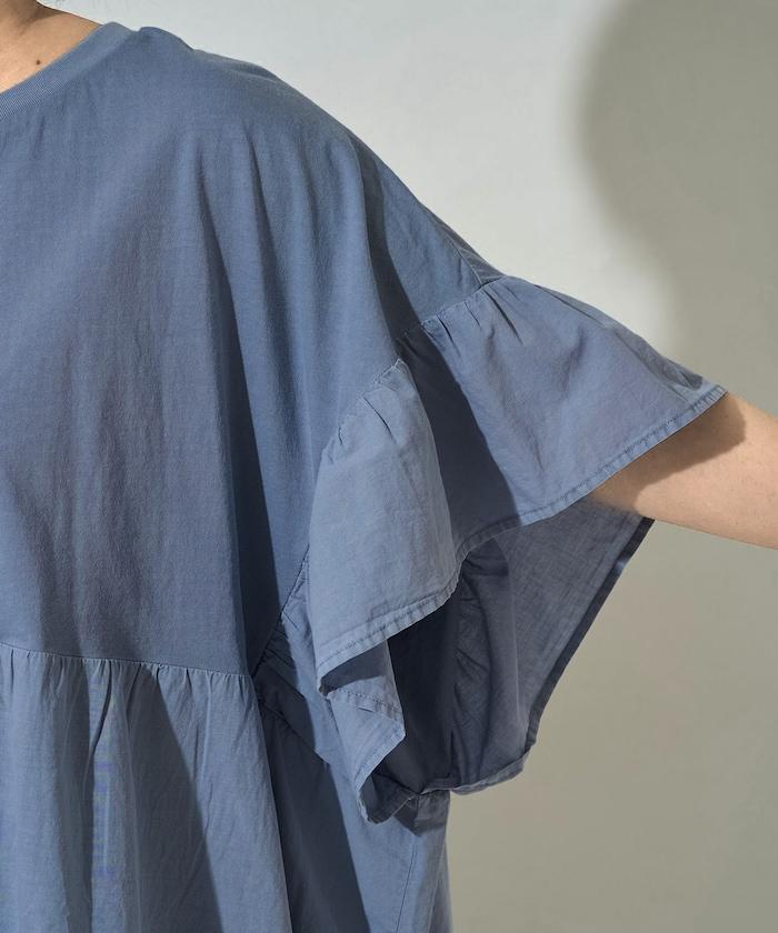 水洗做舊拼接荷葉邊上衣