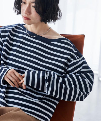 寬鬆 巴斯克條紋 側邊按扣 套頭上衣