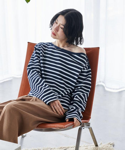 寬鬆 巴斯克條紋 側邊按扣 套頭上衣