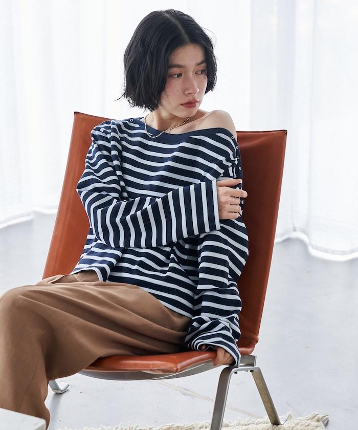 寬鬆 巴斯克條紋 側邊按扣 套頭上衣