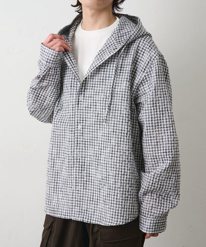 格紋泡泡紗 連帽襯衫