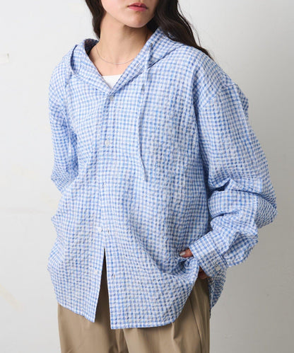 格紋泡泡紗 連帽襯衫