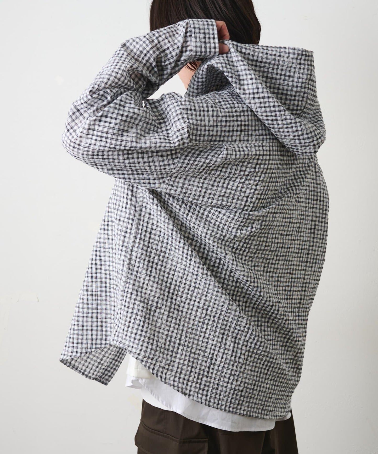 格紋泡泡紗 連帽襯衫