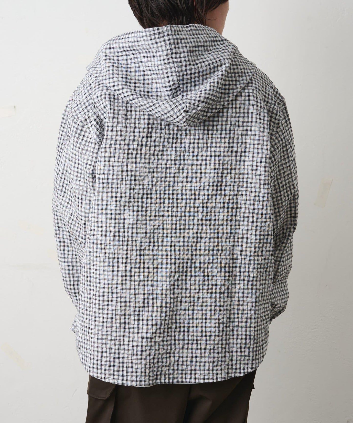 格紋泡泡紗 連帽襯衫