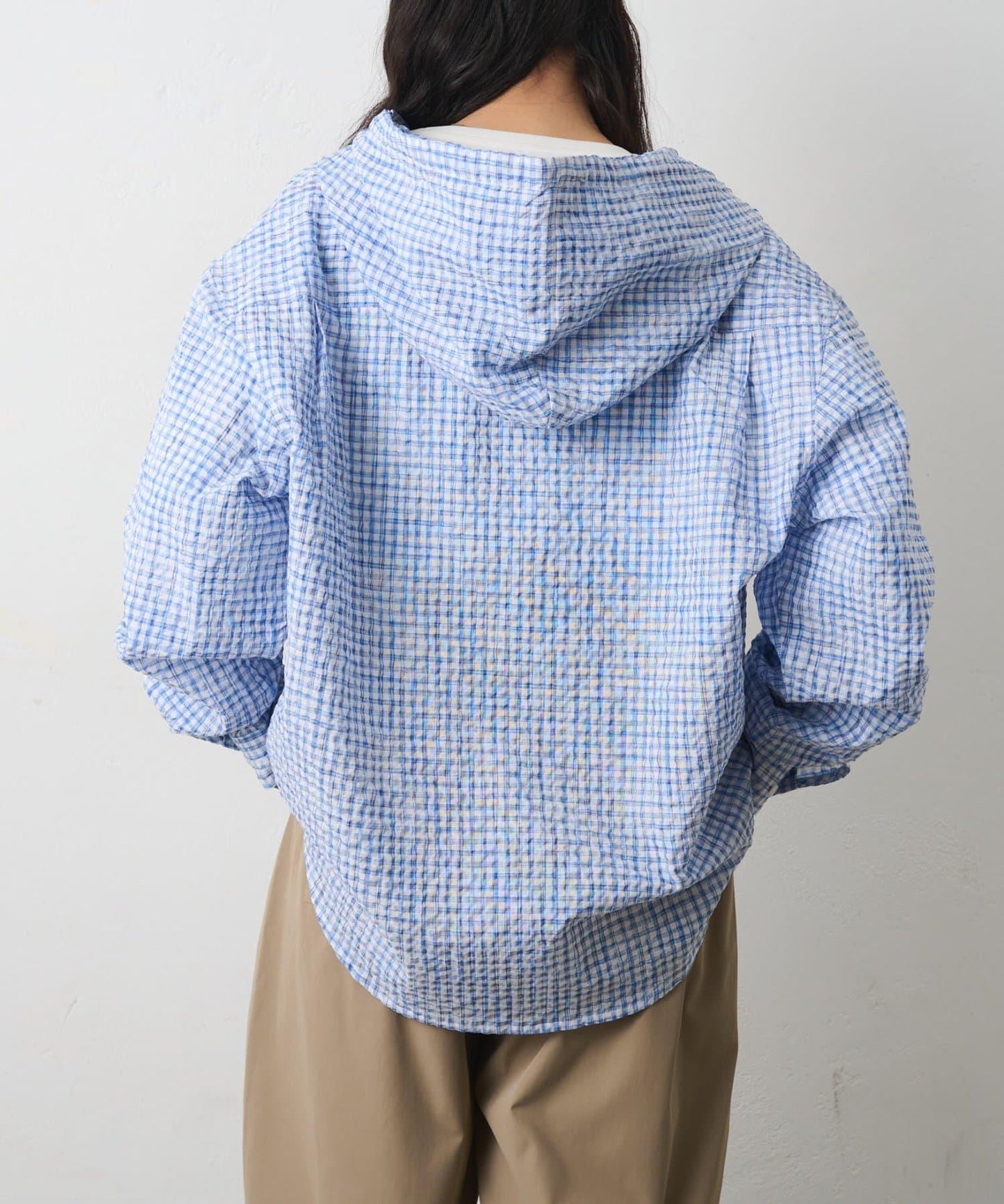 格紋泡泡紗 連帽襯衫